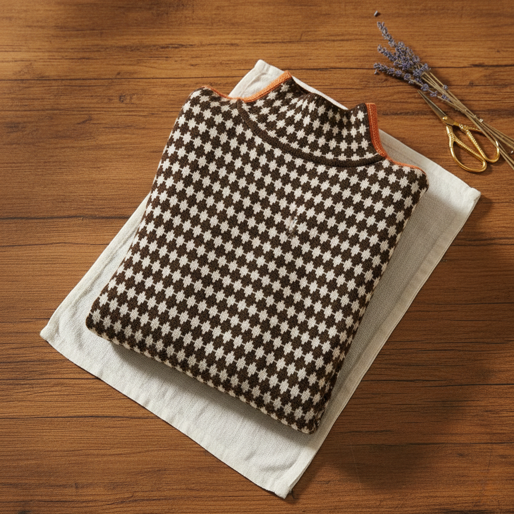 Diana – Turtleneck with Cross Pattern and Orange Sleeves