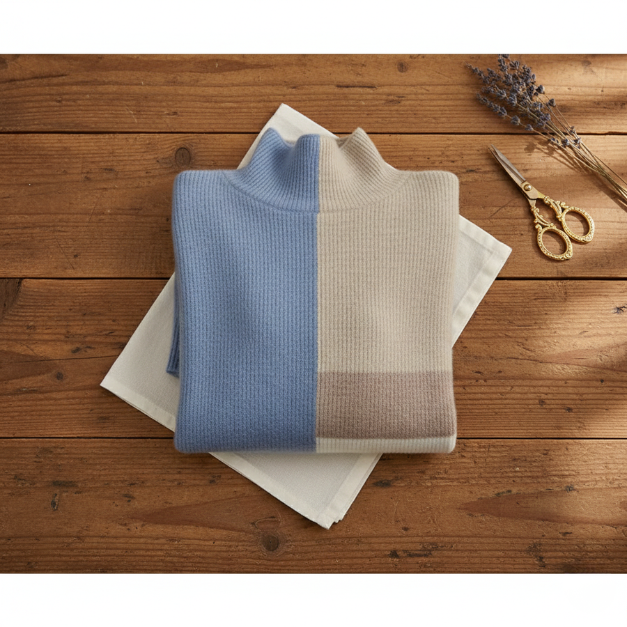 Block Pattern Tracks Sophie – Block Pattern Jumper in Blue-Beige – Jane's Yorkshire