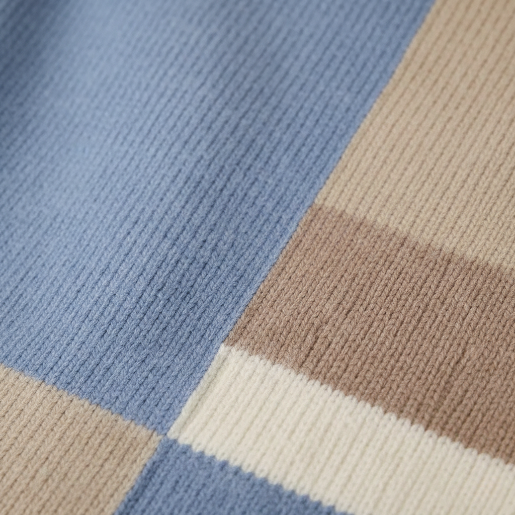 Block Pattern Tracks Sophie – Block Pattern Jumper in Blue-Beige – Jane's Yorkshire