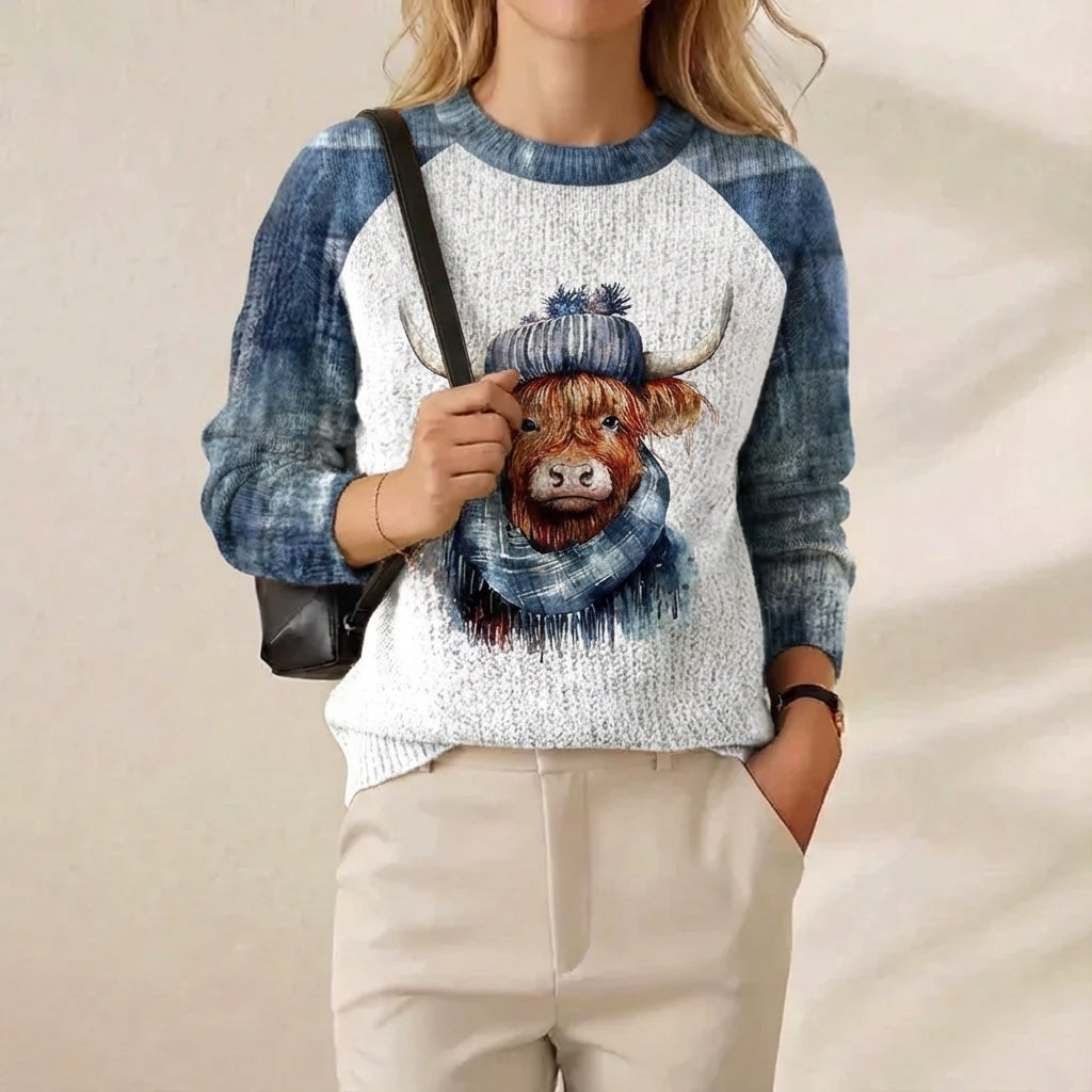Frances – Blue & Cream Jumper with Highland Cow Pattern