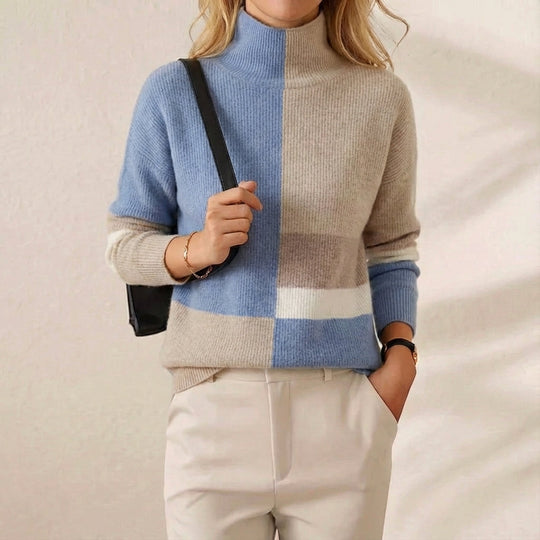 Block Pattern Tracks Sophie – Block Pattern Jumper in Blue-Beige – Jane's Yorkshire