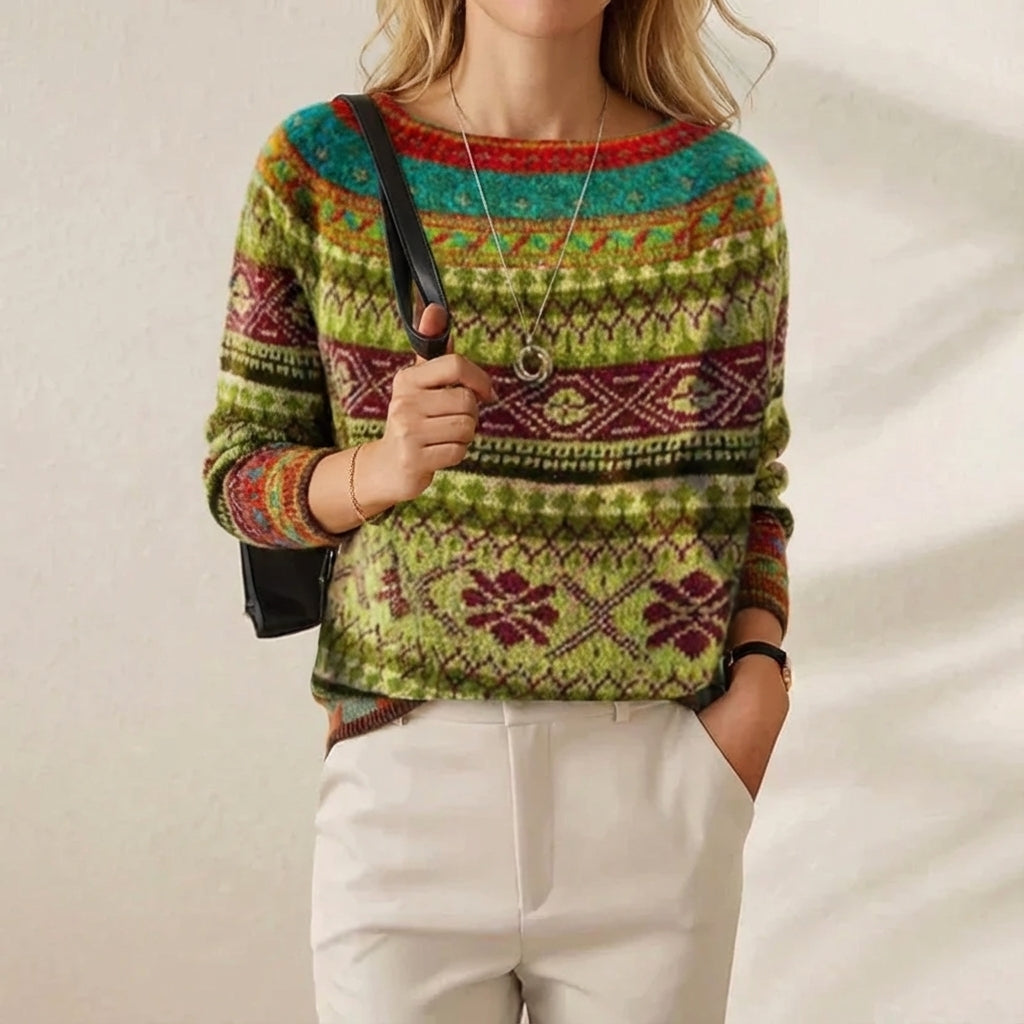 Anna – Dark Jumper with Tribal Band Pattern
