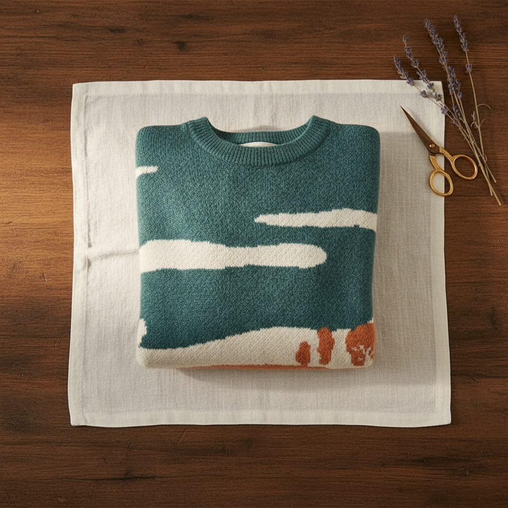 Zoe – Teal & Orange Jumper with Landscape & Cow Design