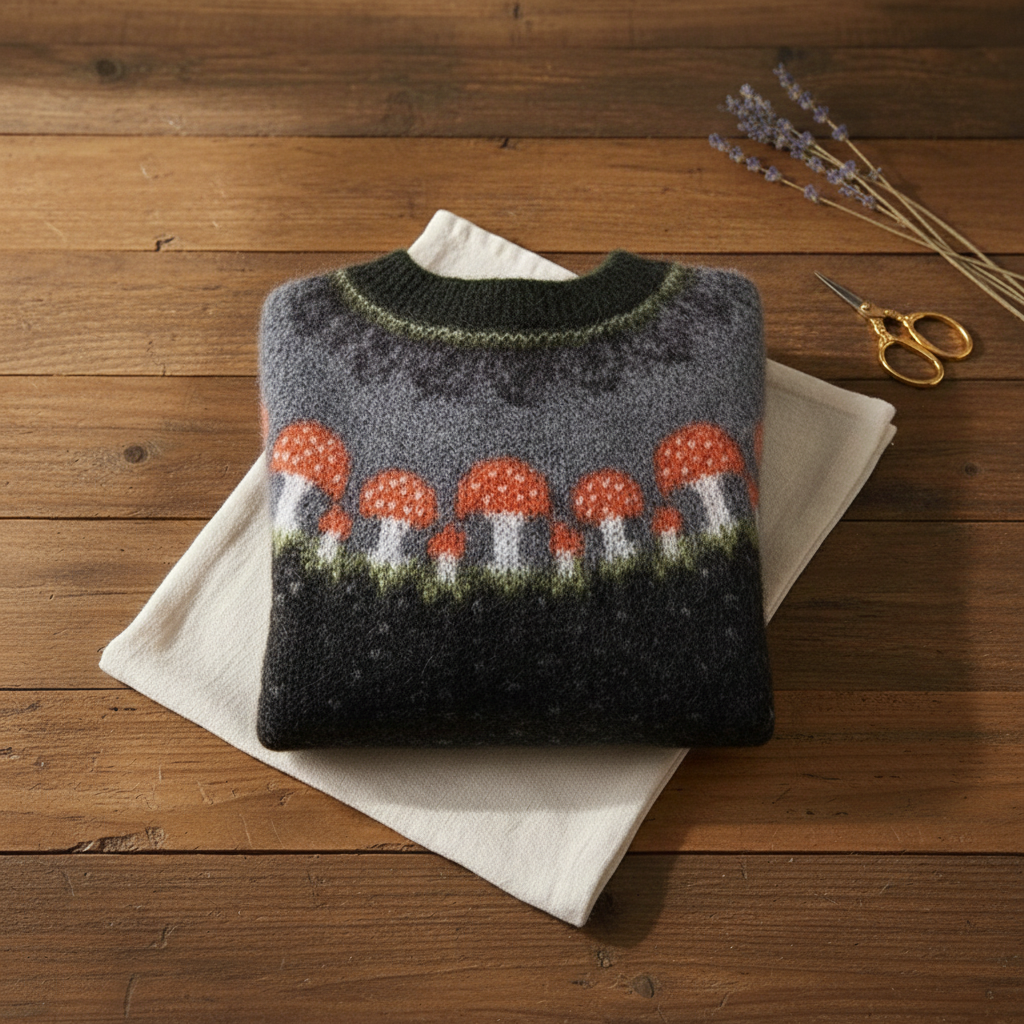 Janet – Black Jumper with Mushroom Pattern