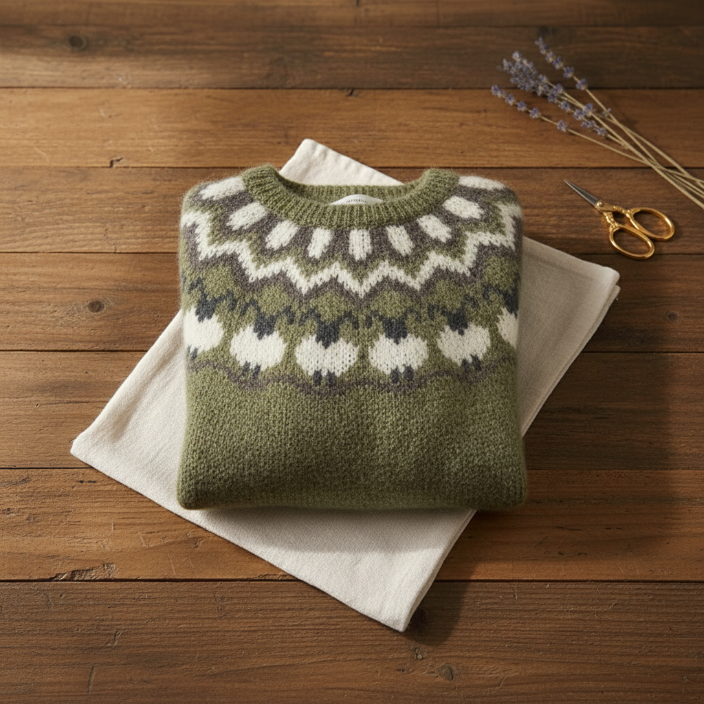 Pamela – Olive Jumper with Sheep Pattern