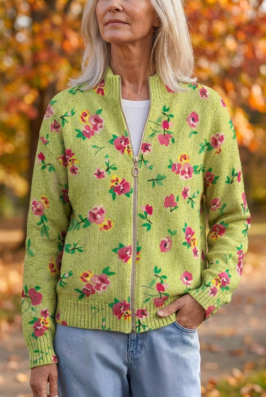 Constance | Pink Floral Lime Zip Cardigan
