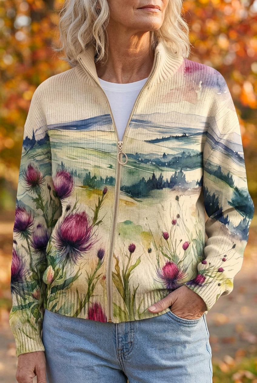 Zelda | Scottish Thistle Landscape Zip Cardigan