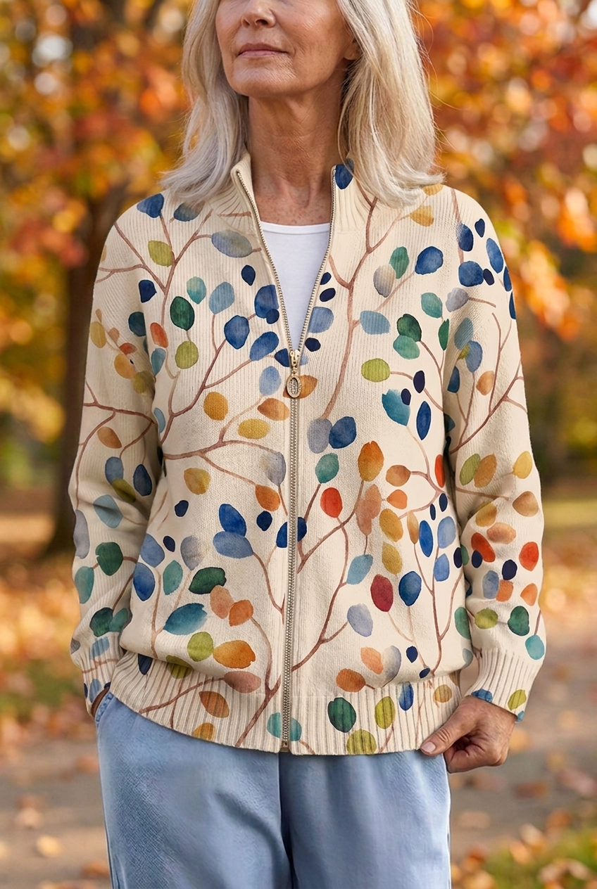 Imogene | Botanical Leaf Print Zip Cardigan