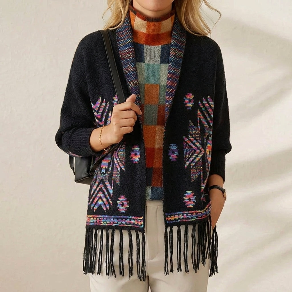 Connie – Fringe Trim Embroidered Open Cardigan