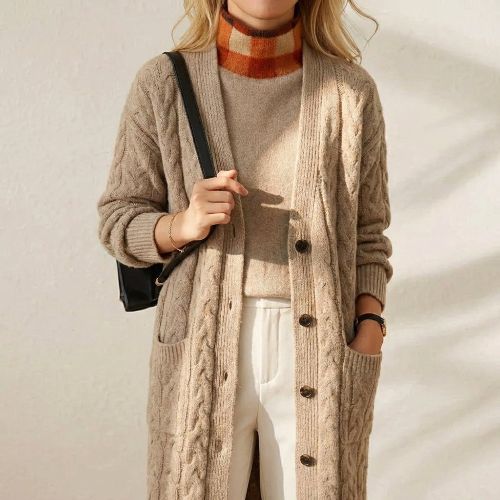 Colette – Layered Look Cable Knit Turtleneck Cardigan