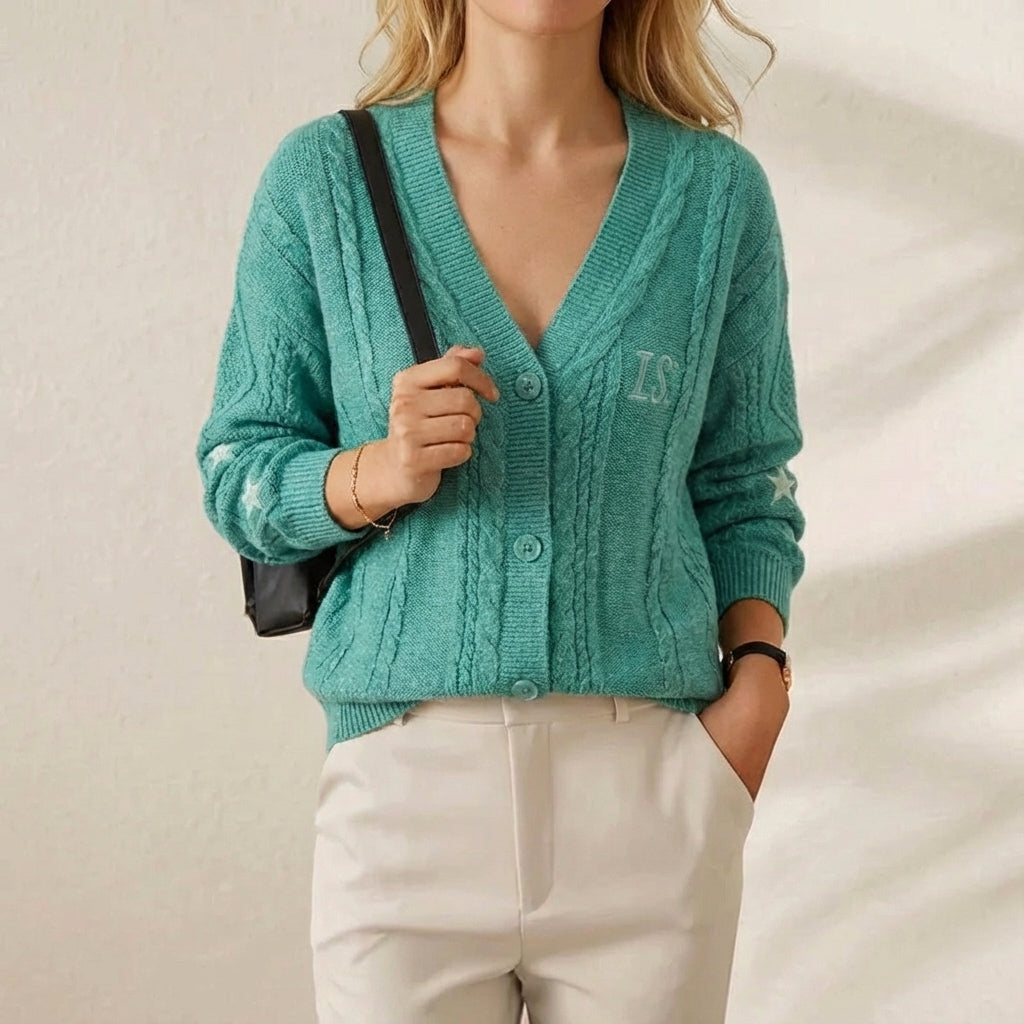 Cressida – V-Neck Cable Knit Button Cardigan