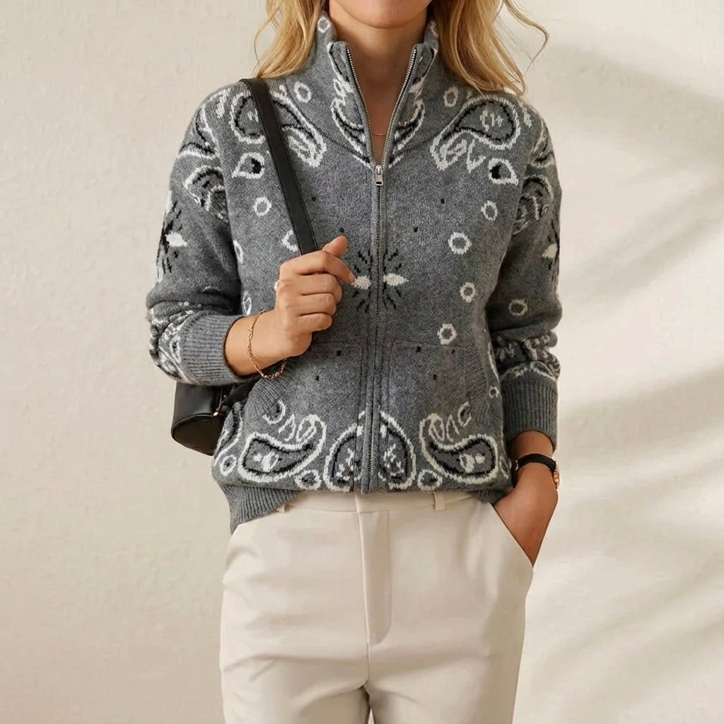Miranda – Paisley Print Zip-Up Knit Jacket