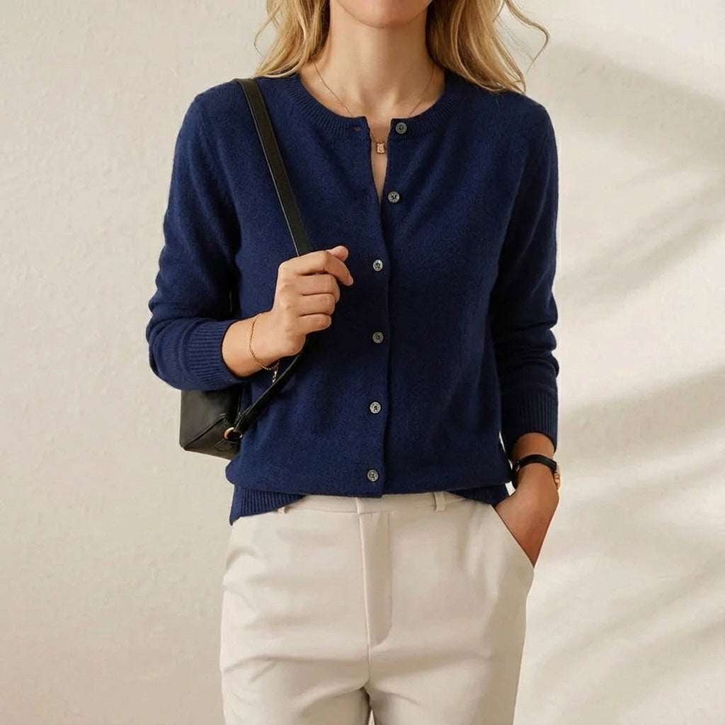 Melissa – Classic Crewneck Button Cardigan