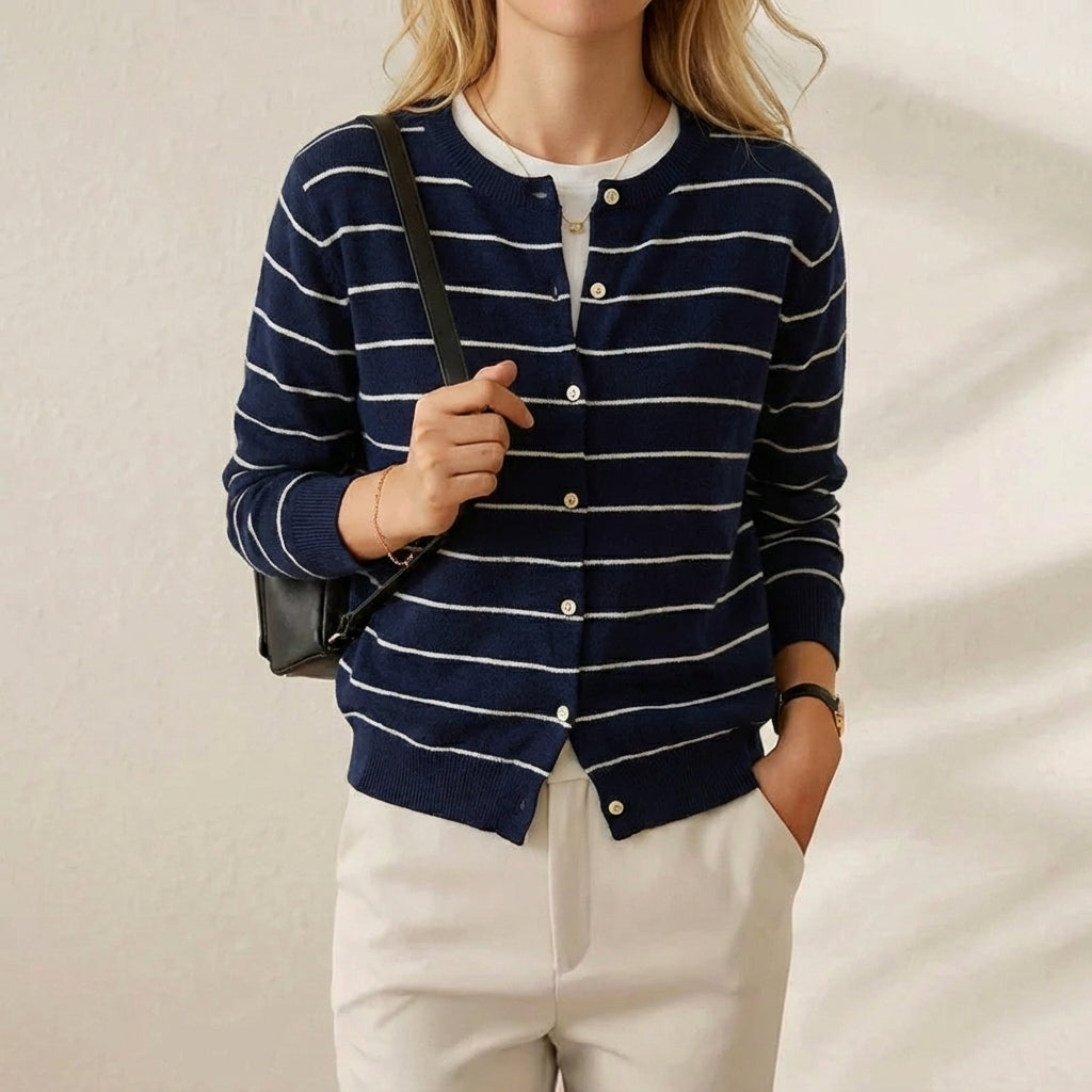 Priscilla – Striped Crew Button Cardigan