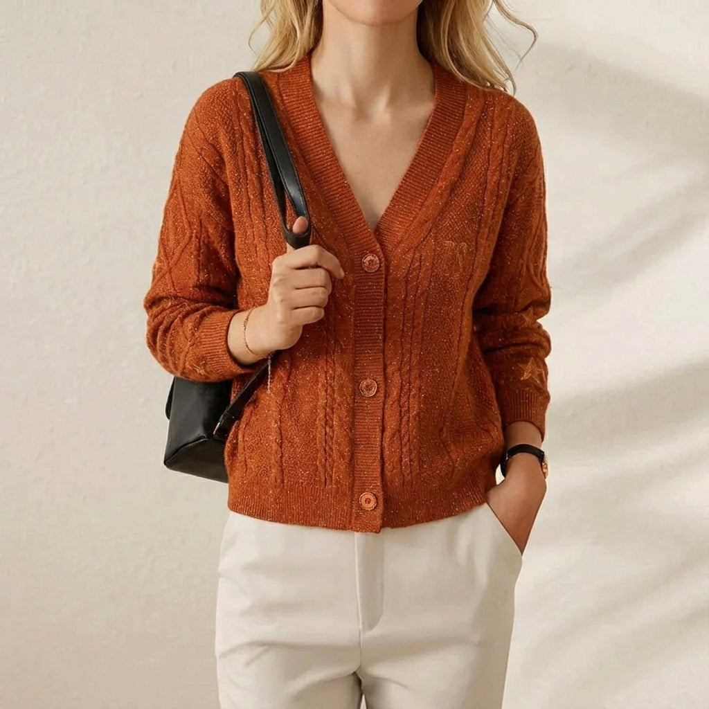 Cressida – V-Neck Cable Knit Button Cardigan