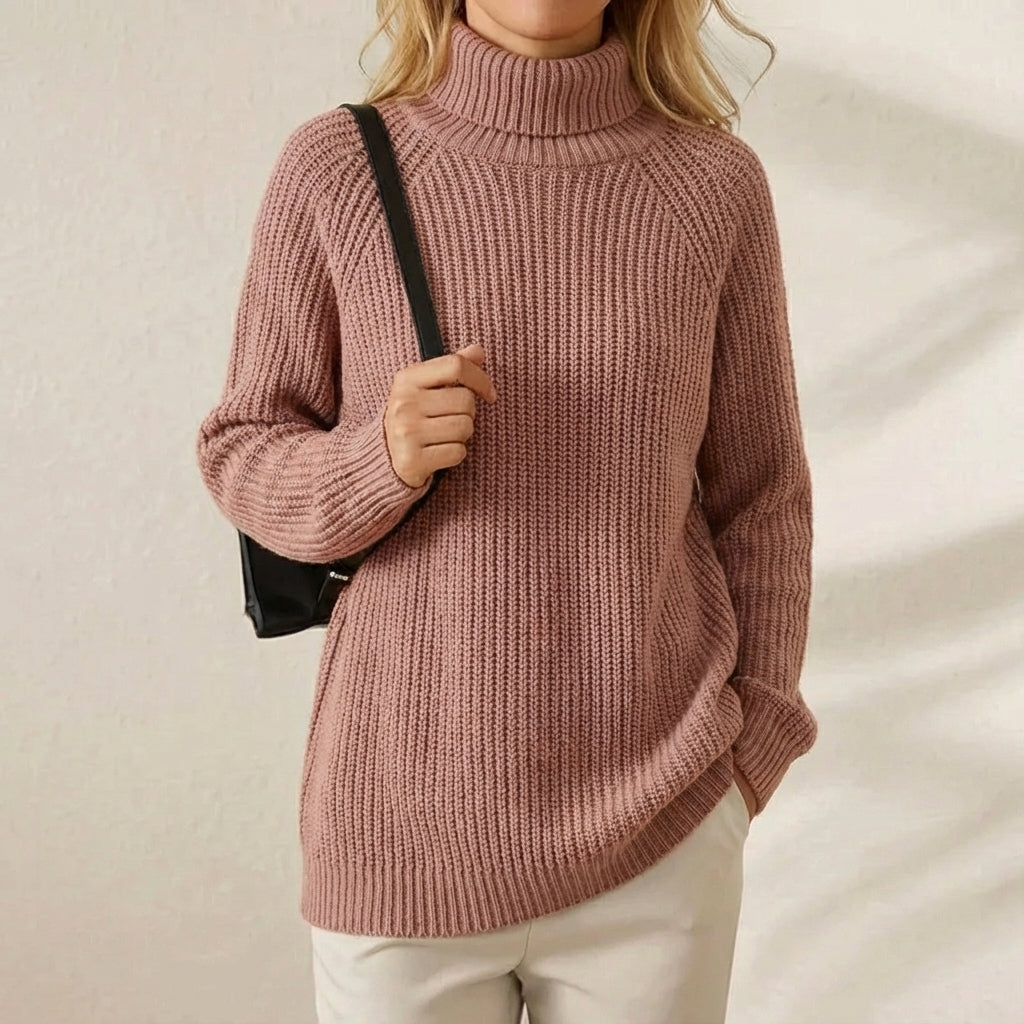 Flora – Ribbed Turtleneck Longline Pullover Jumper