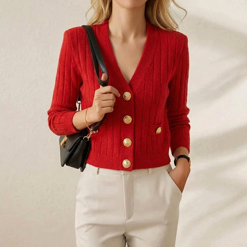 Petra – Double-Breasted Gold Button Cardigan