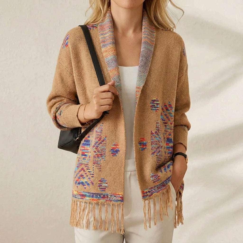 Connie – Fringe Trim Embroidered Open Cardigan