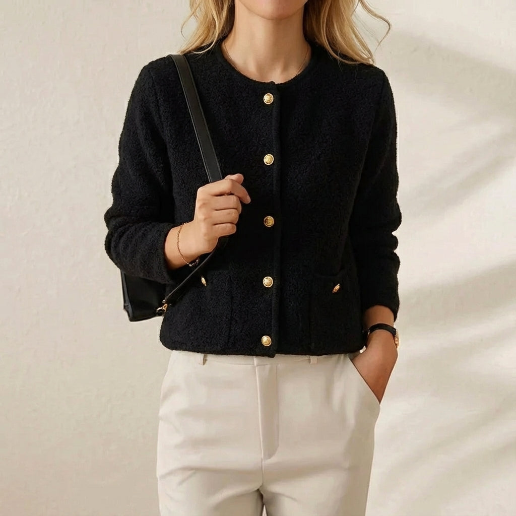 Sienna – Women's Fluffy Round Neck Gold Button Cardigan