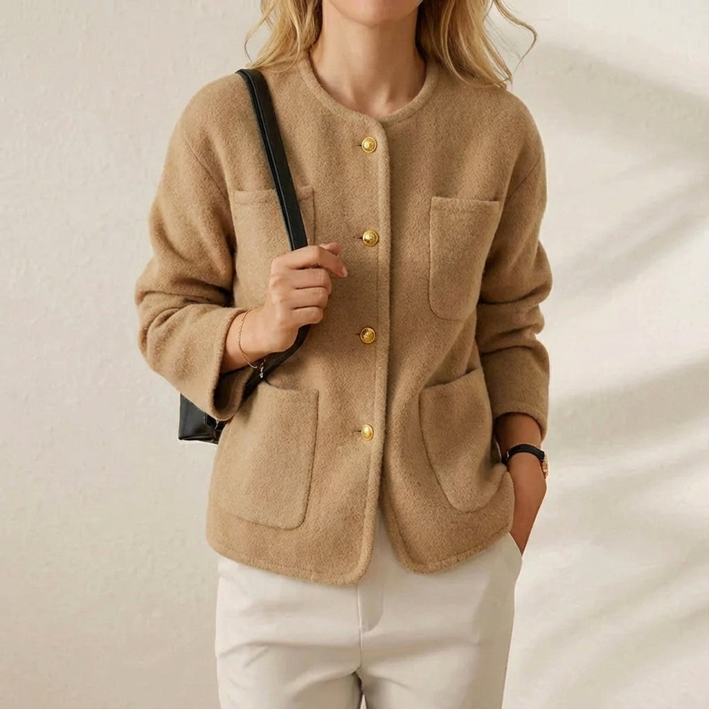 Sienna – Women's Fluffy Round Neck Gold Button Cardigan