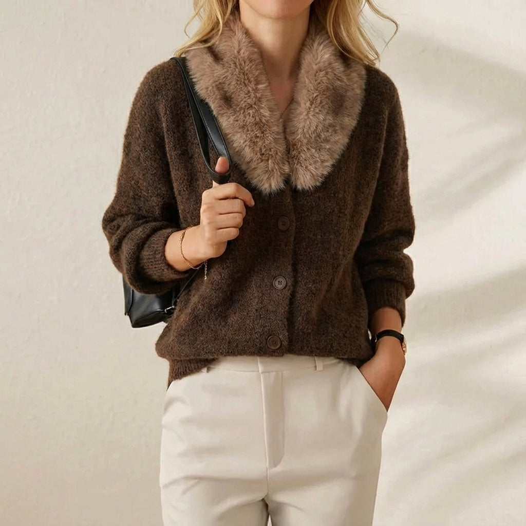 Dawn – Faux Fur Collar Knit Button Cardigan