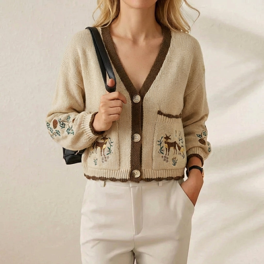 Hazel – Floral Embroidered V-Neck Knit Cardigan