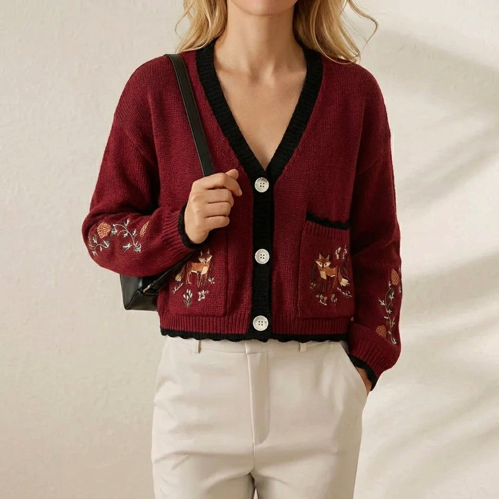 Hazel – Floral Embroidered V-Neck Knit Cardigan