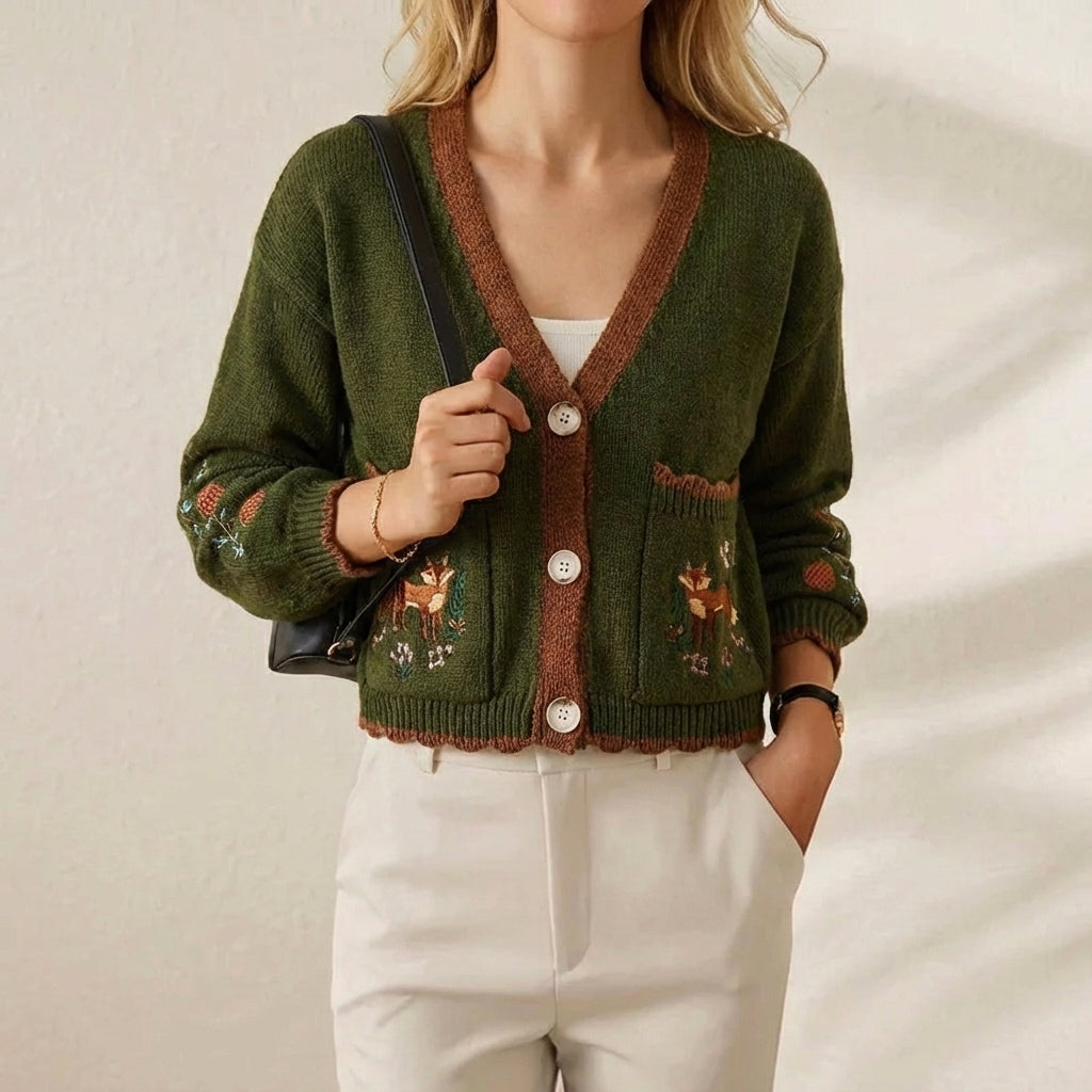 Hazel – Floral Embroidered V-Neck Knit Cardigan