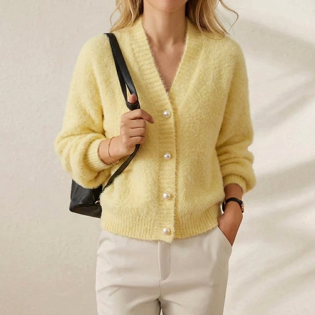 Camille – Women's Fluffy V-Neck Knit Button Cardigan