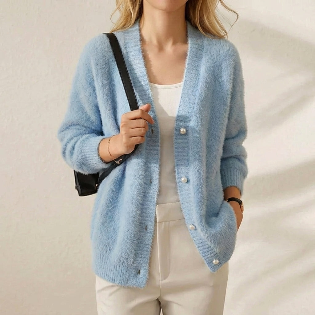 Camille – Women's Fluffy V-Neck Knit Button Cardigan